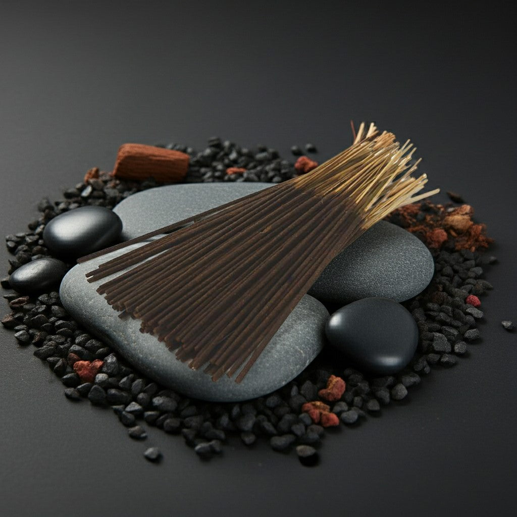 Very Sexy Incense Sticks on a grey background with rocks around