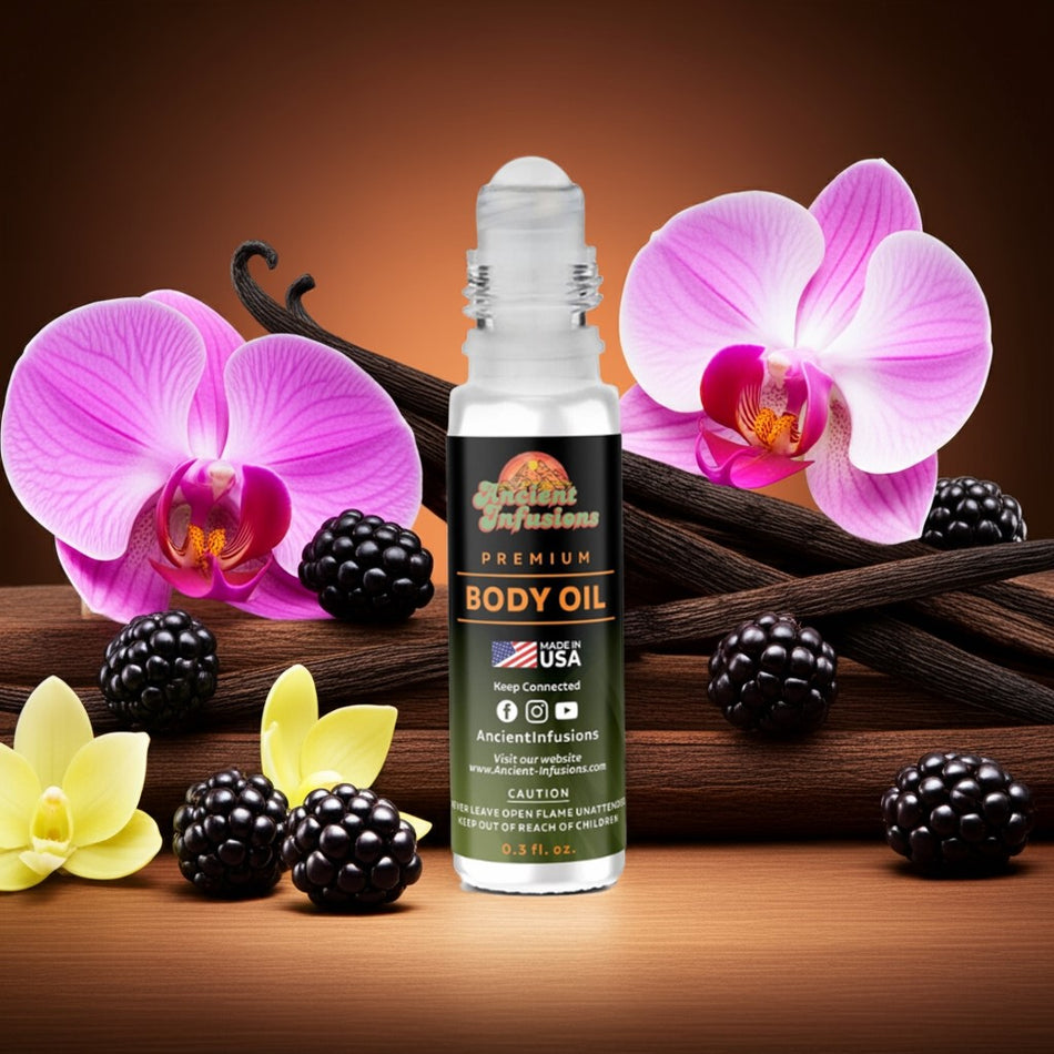 Very Sexy inspired body oil standing upright on wooden tray with orchid and berry accents