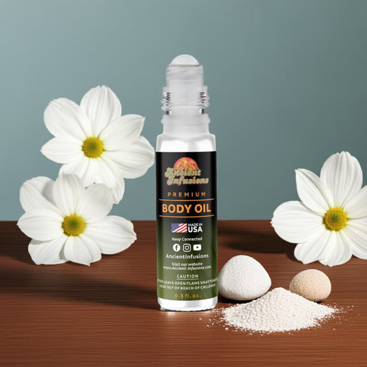 Very Valentino inspired body oil bottle on wood platform with white florals