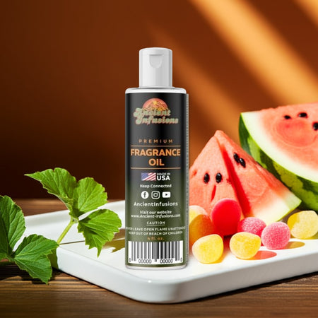 Bottle of fragrance oil with watermelon slices and gummy candies on a wooden surface