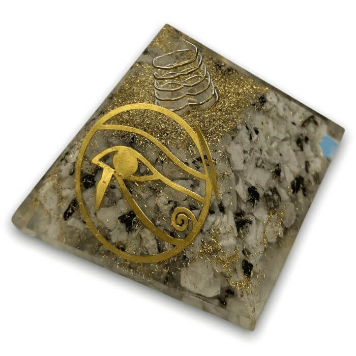 Rainbow Moonstone Orgone Pyramid for intuition and emotional balance.