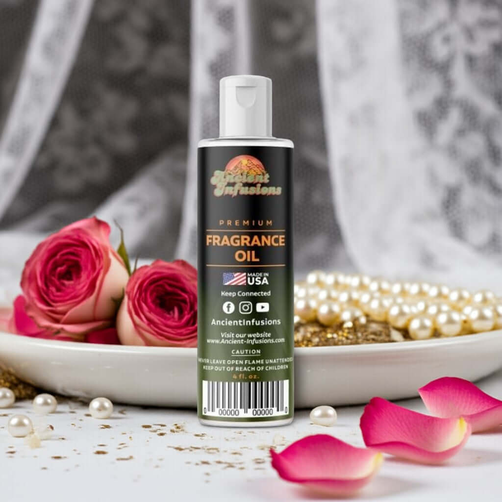 White Diamond Fragrance Oil bottle surrounded by pearls and rose petals, conveying elegance and luxury.