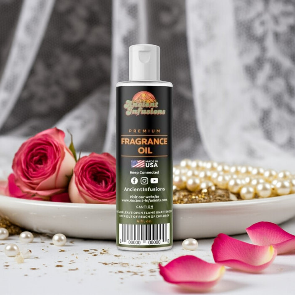 Bottle of fragrance oil with roses and pearls on a decorative plate