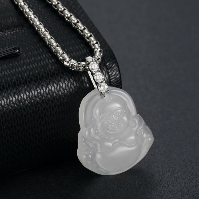 White Jade Laughing Buddha Necklace with Cuban Zircons and Stainless Steel Chain by Ancient Infusions – Elegant Spiritual Jewelry.