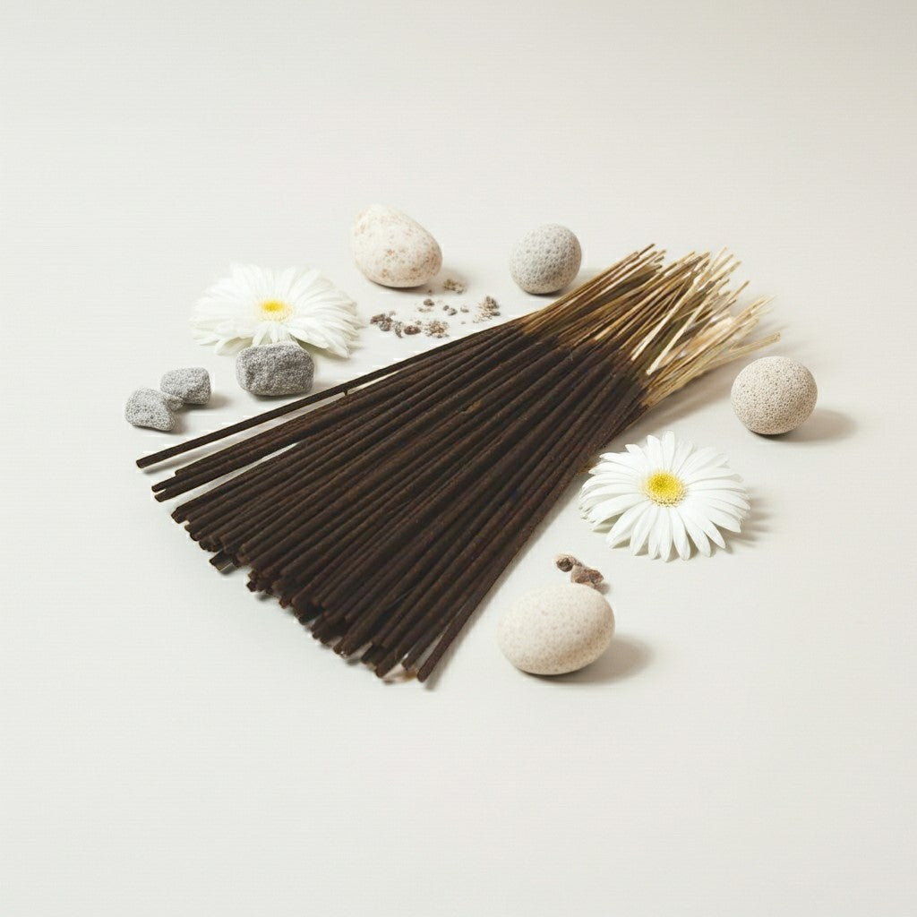 A clean, bright display of White Linen Incense Sticks by Ancient Infusions, showcasing the fresh, powdery fragrance and hand-dipped craftsmanship.
