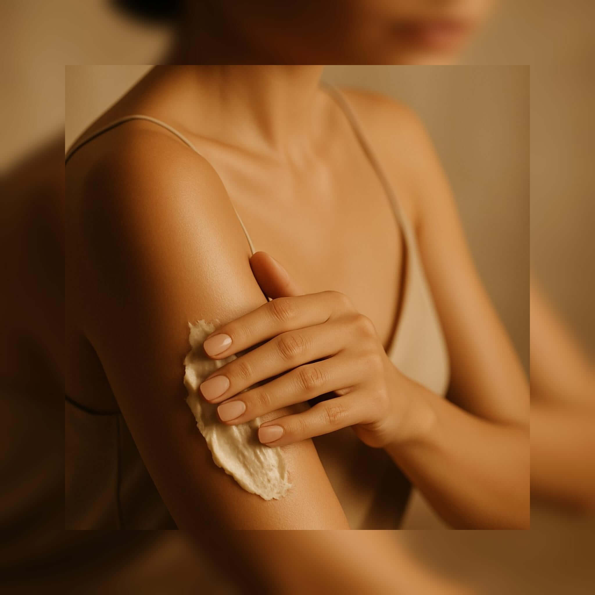 Woman applying Valentino Very Valentino Inspired Scented Shea Butter on her arm, showcasing smooth texture and hydration.