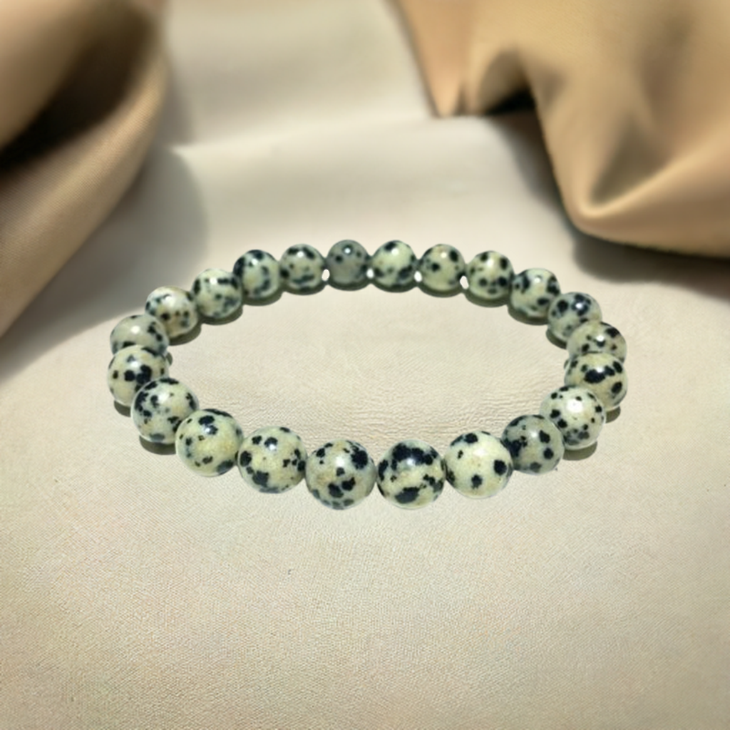 Women’s Dalmatian Jasper Bracelet – Real Beaded Elastic Healing Crystal Jewelry.