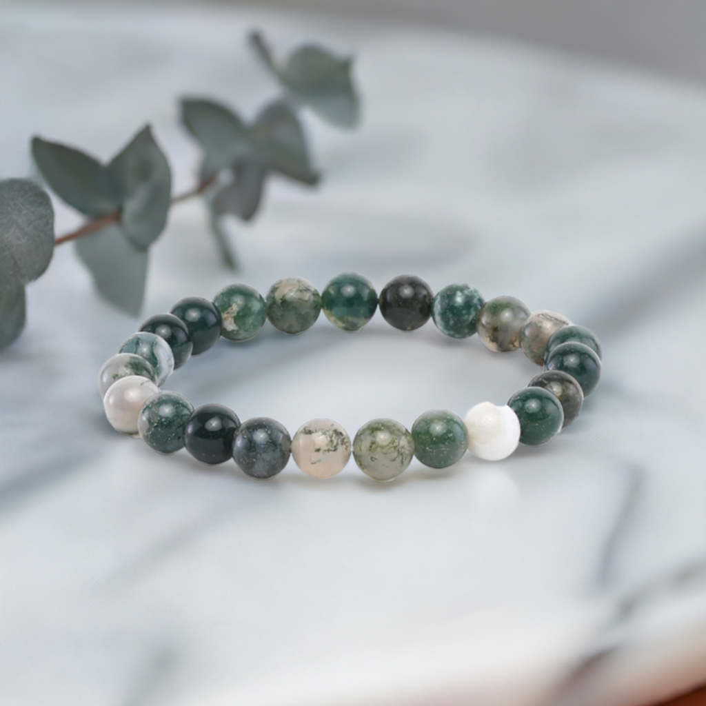 Moss Agate Bracelet for Women and Men – Real Beaded Elastic Healing Crystal Jewelry.