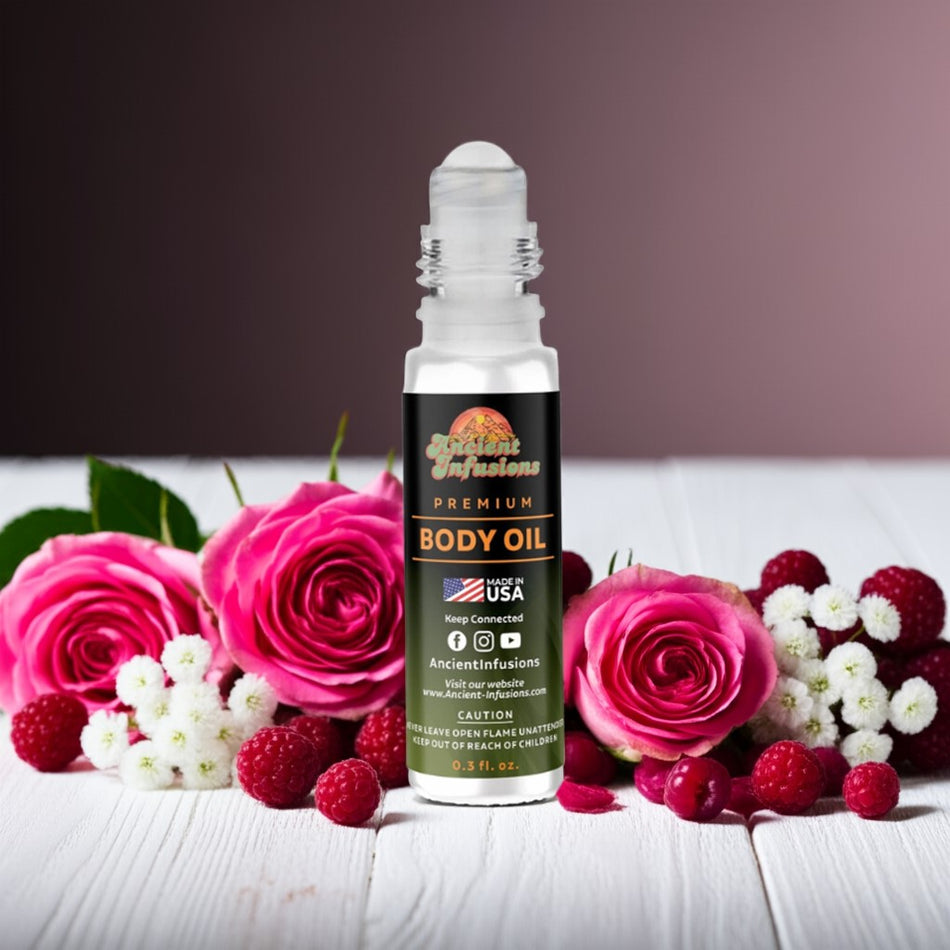 You Are The One inspired body oil on white wood surface with rose petals and berries