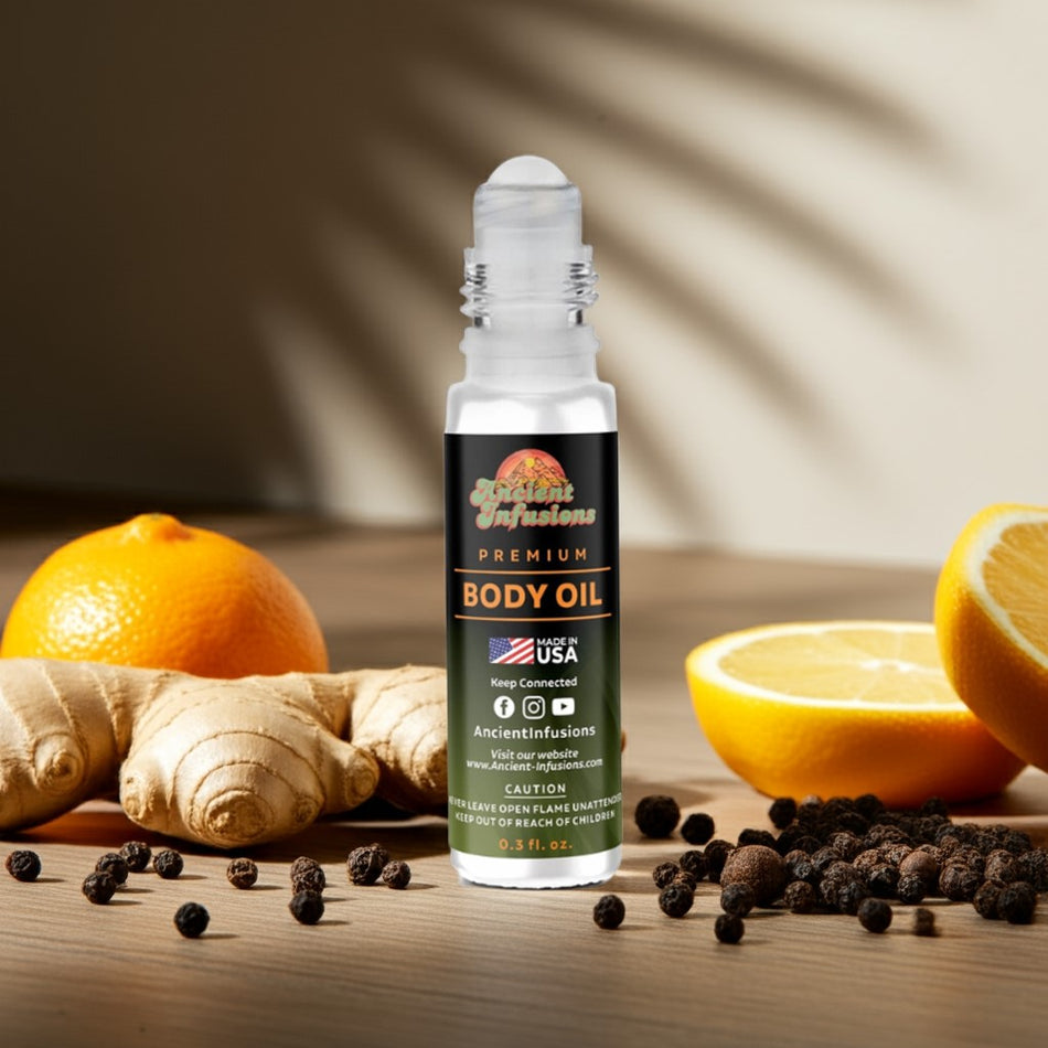 YSL L’Homme inspired body oil standing upright on natural wood surface with citrus peel and spices