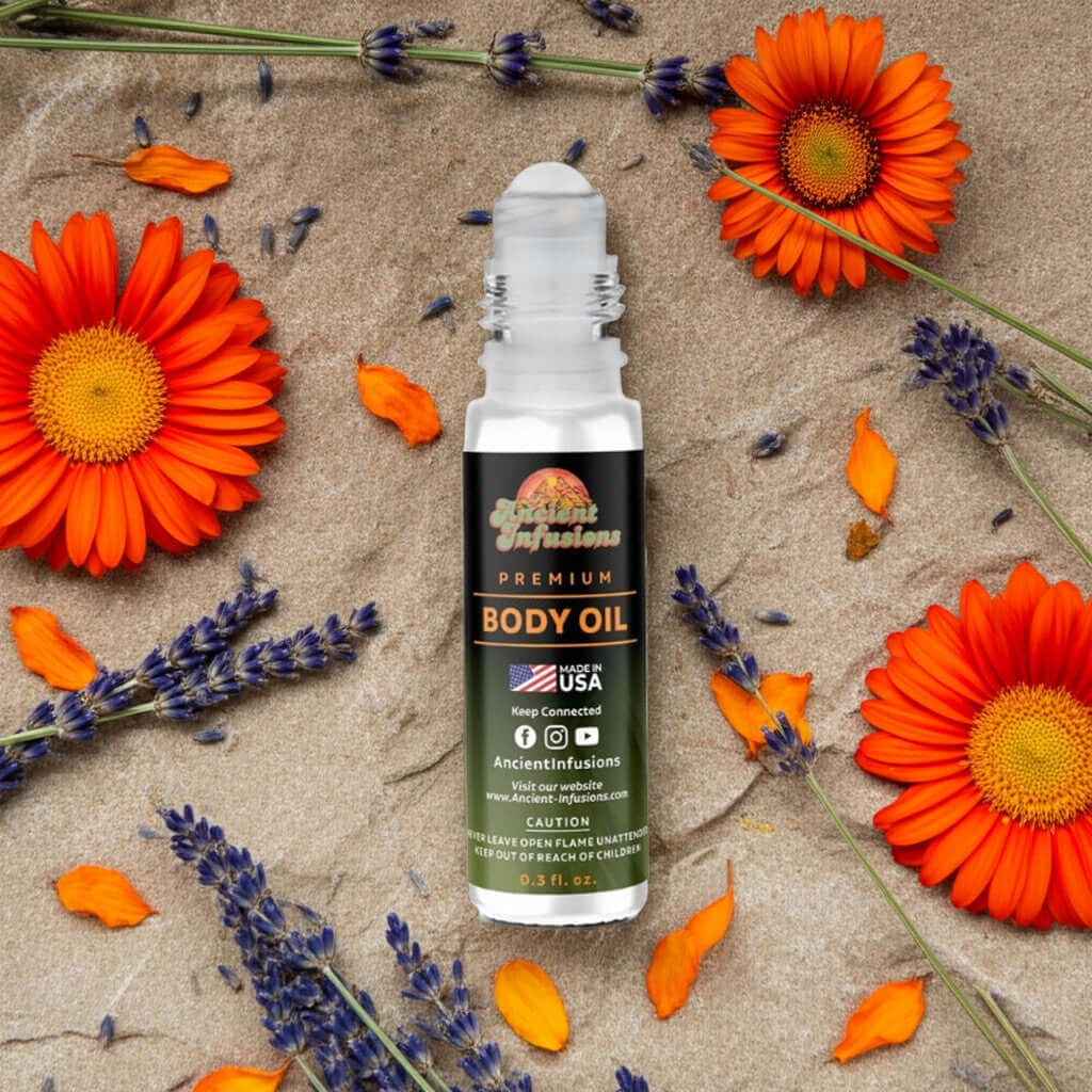 YSL Libre Flowers & Flames Inspired Body Oil with lavender and orange blossom flowers on sand background