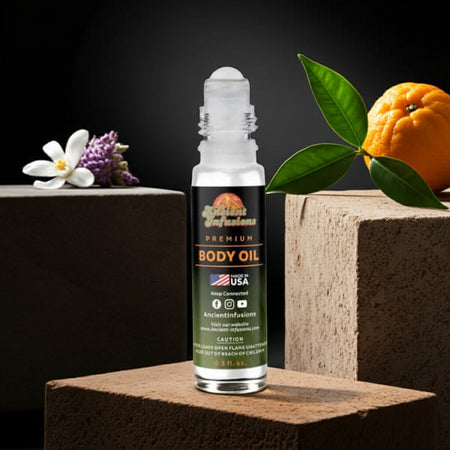 YSL MYSLF Le Parfum Inspired Body Oil bottle with flowers and an orange on a dark background