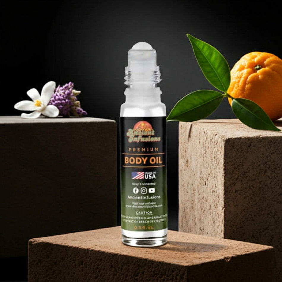 YSL MYSLF Le Parfum Inspired Body Oil bottle with flowers and an orange on a dark background