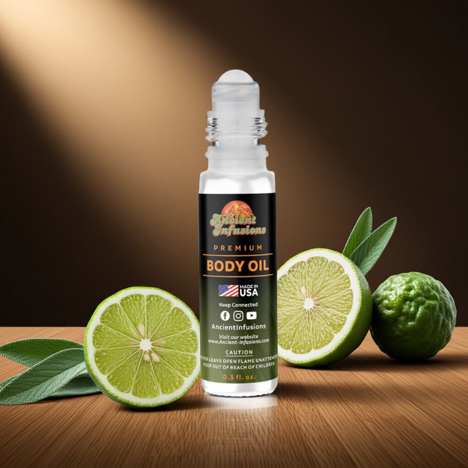 YSL Y for Men inspired body oil on wood table with sage leaves and citrus zest