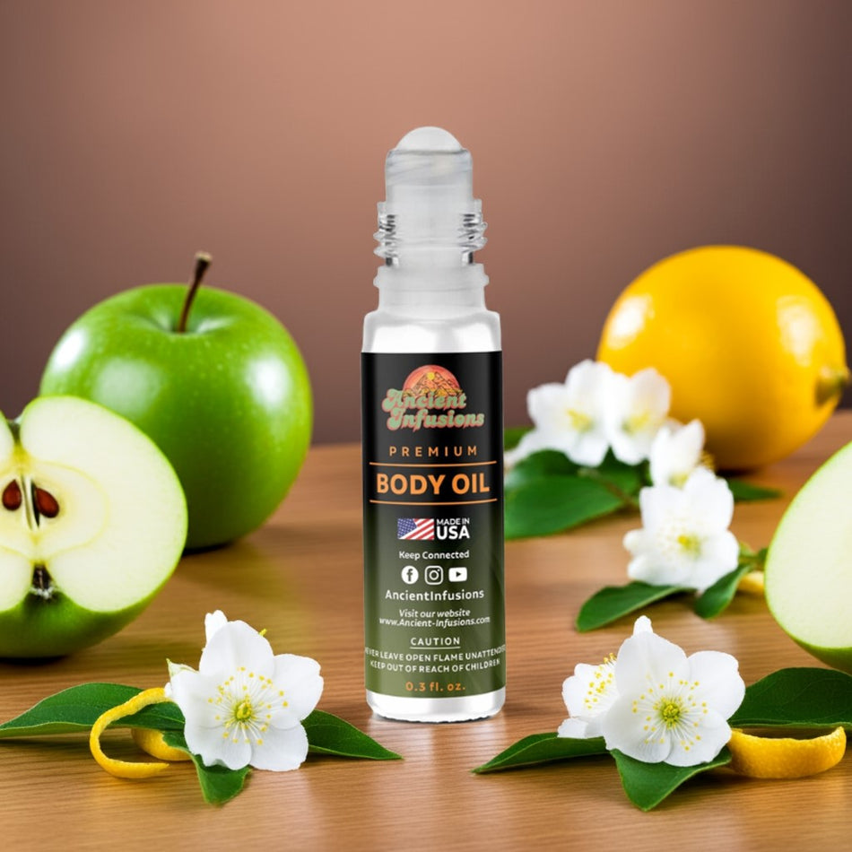 YSL Y for Women inspired body oil standing on light wood table with apple and floral petals